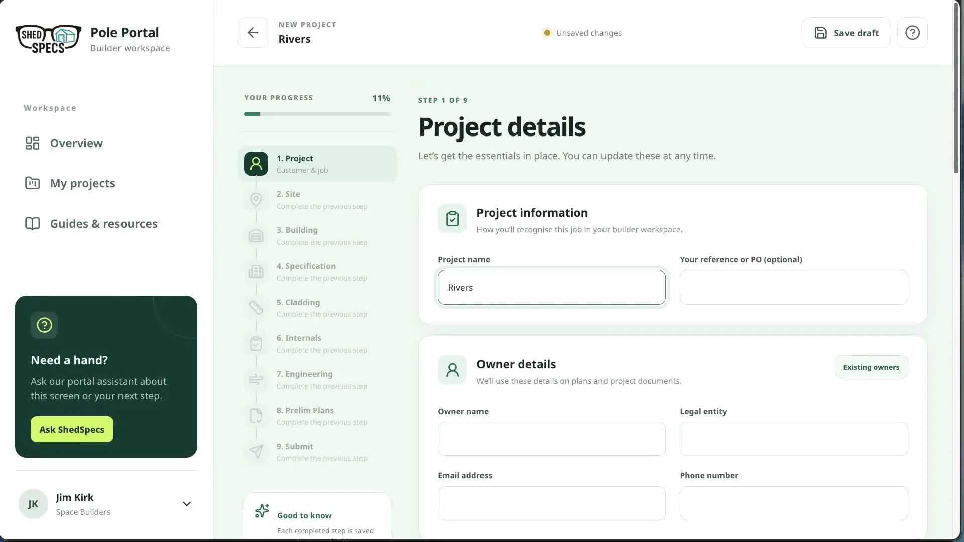 Project details in the ShedSpecs Pole Portal